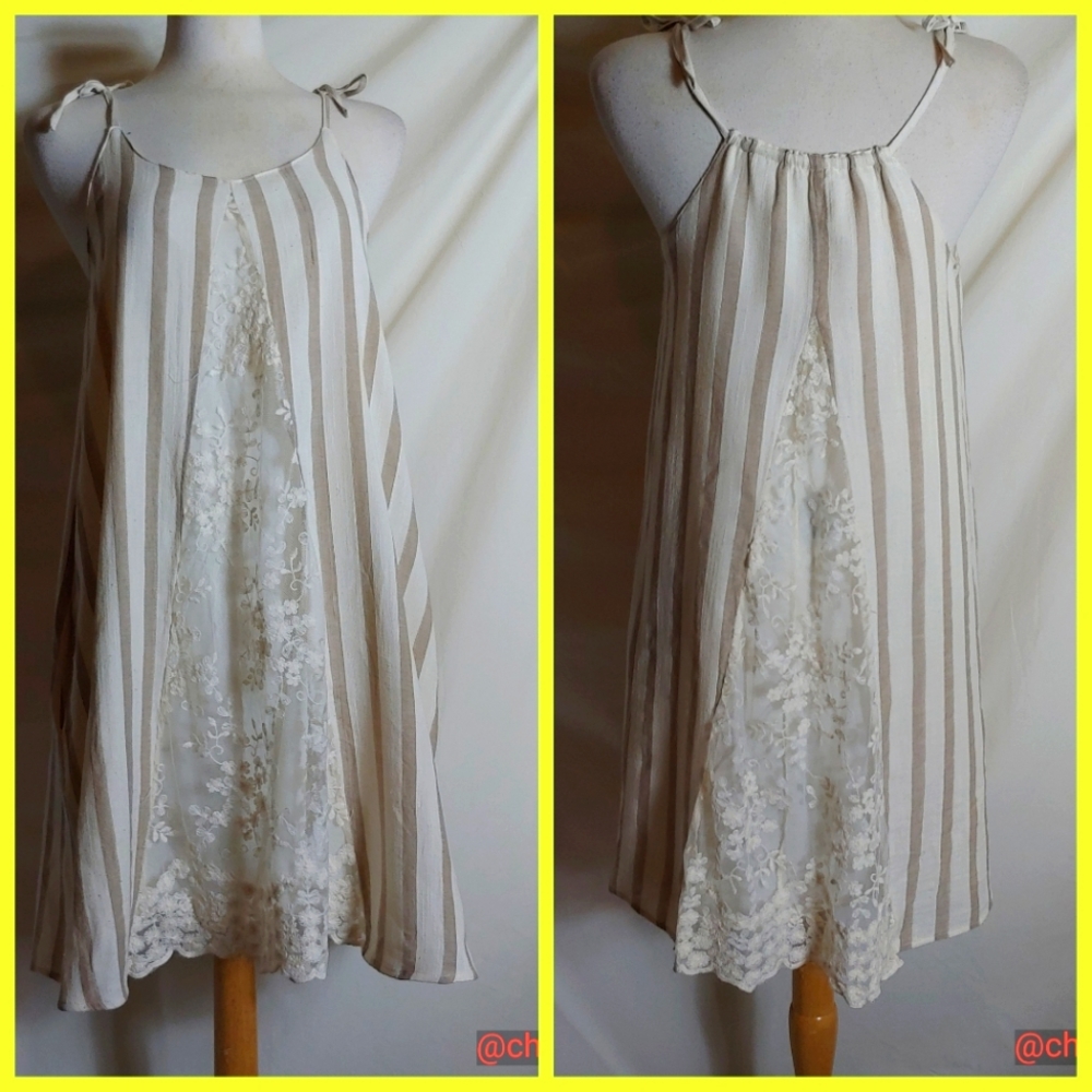 Listicle lace insert tan & cream lined cotton sun dress Pockets size M